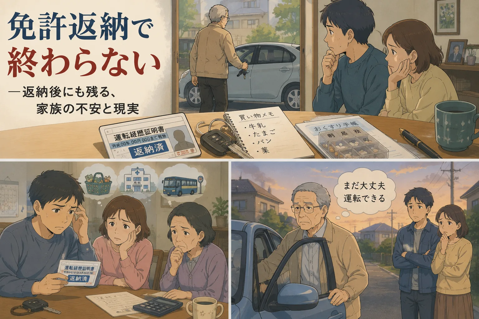 免許返納後も運転しようとする高齢の親と、不安を抱える家族を描いたアイキャッチ画像