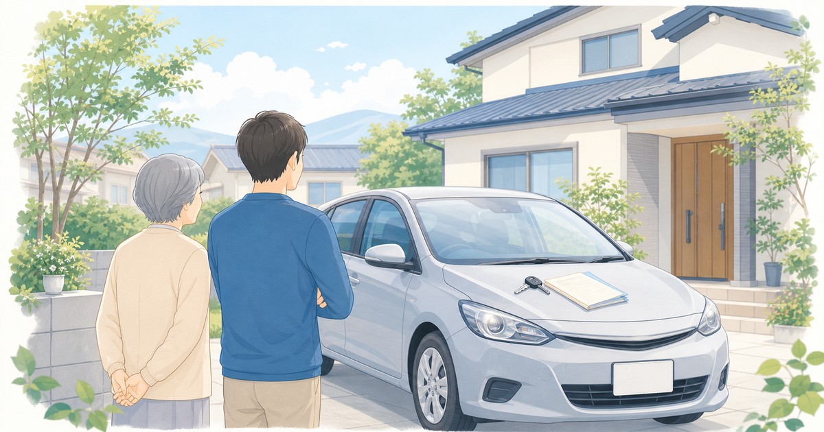 親の車を売却する前に家族で相談しているイラスト