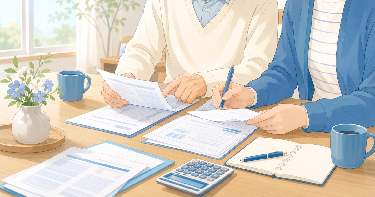 自動車保険の書類と固定費を家族で確認しているイラスト