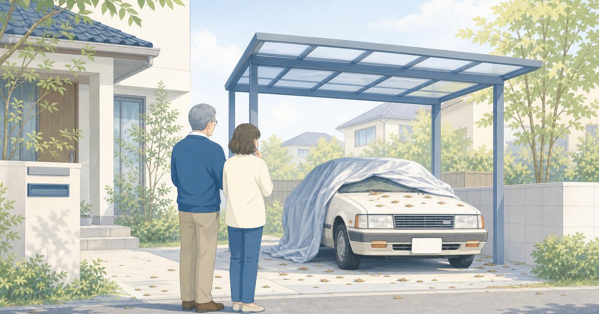 長く使っていない車を家族で引き取り相談しているイラスト