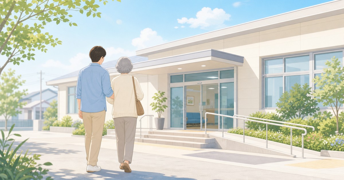高齢の親の通院に付き添う家族のイラスト