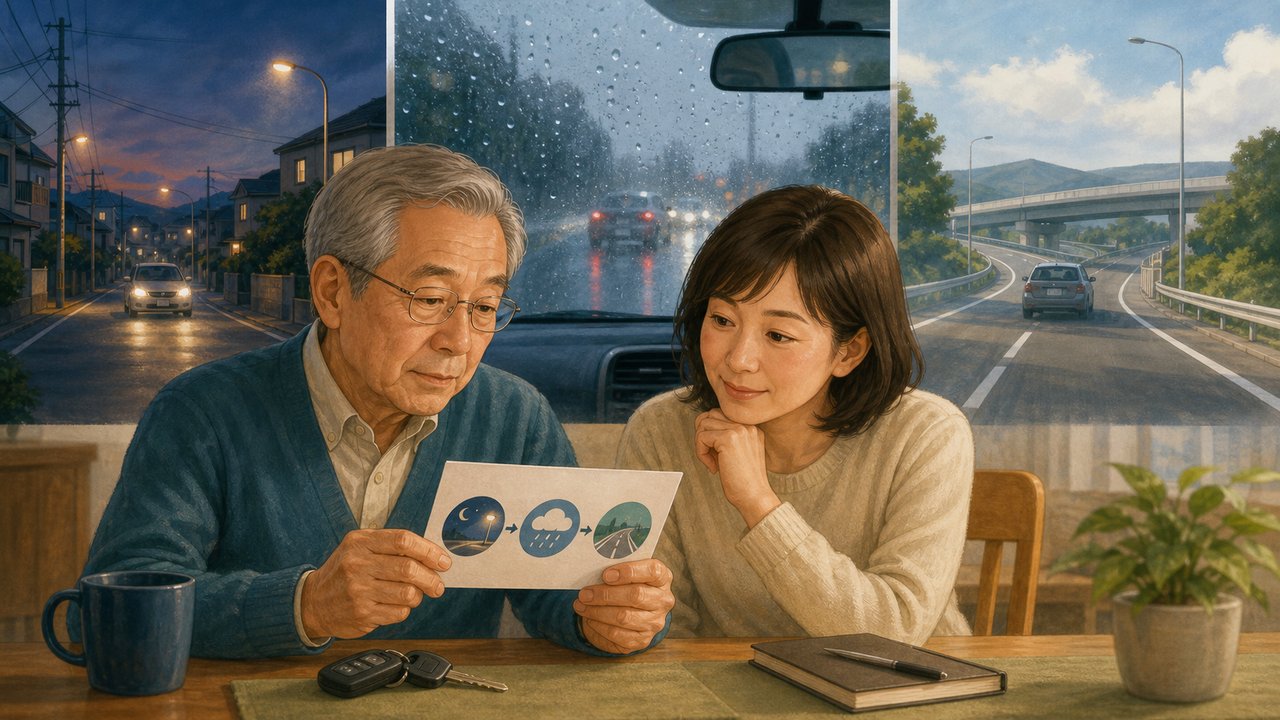 夜間・雨天・高速道路だけ運転をやめる方法｜親にどう切り出すか家族向けに整理のアイキャッチ画像