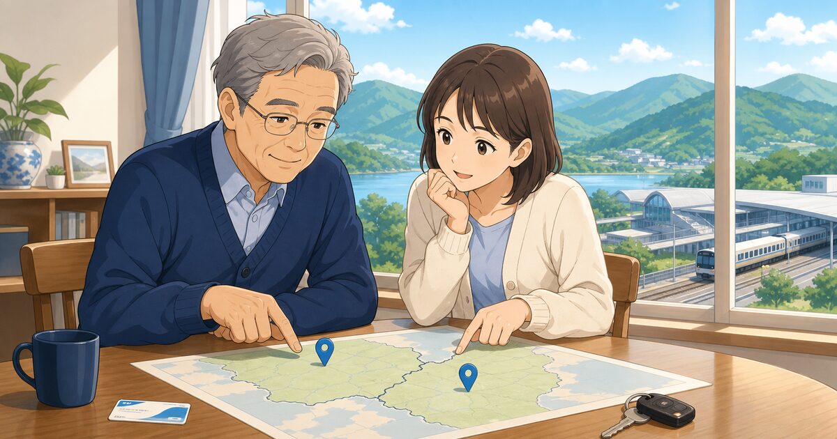 県外にある二つの高齢者講習会場を地図で比べる父と娘のイラスト