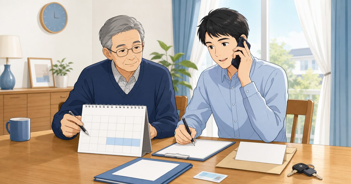 高齢者講習の期限を確認しながら窓口へ電話する父と息子のイラスト