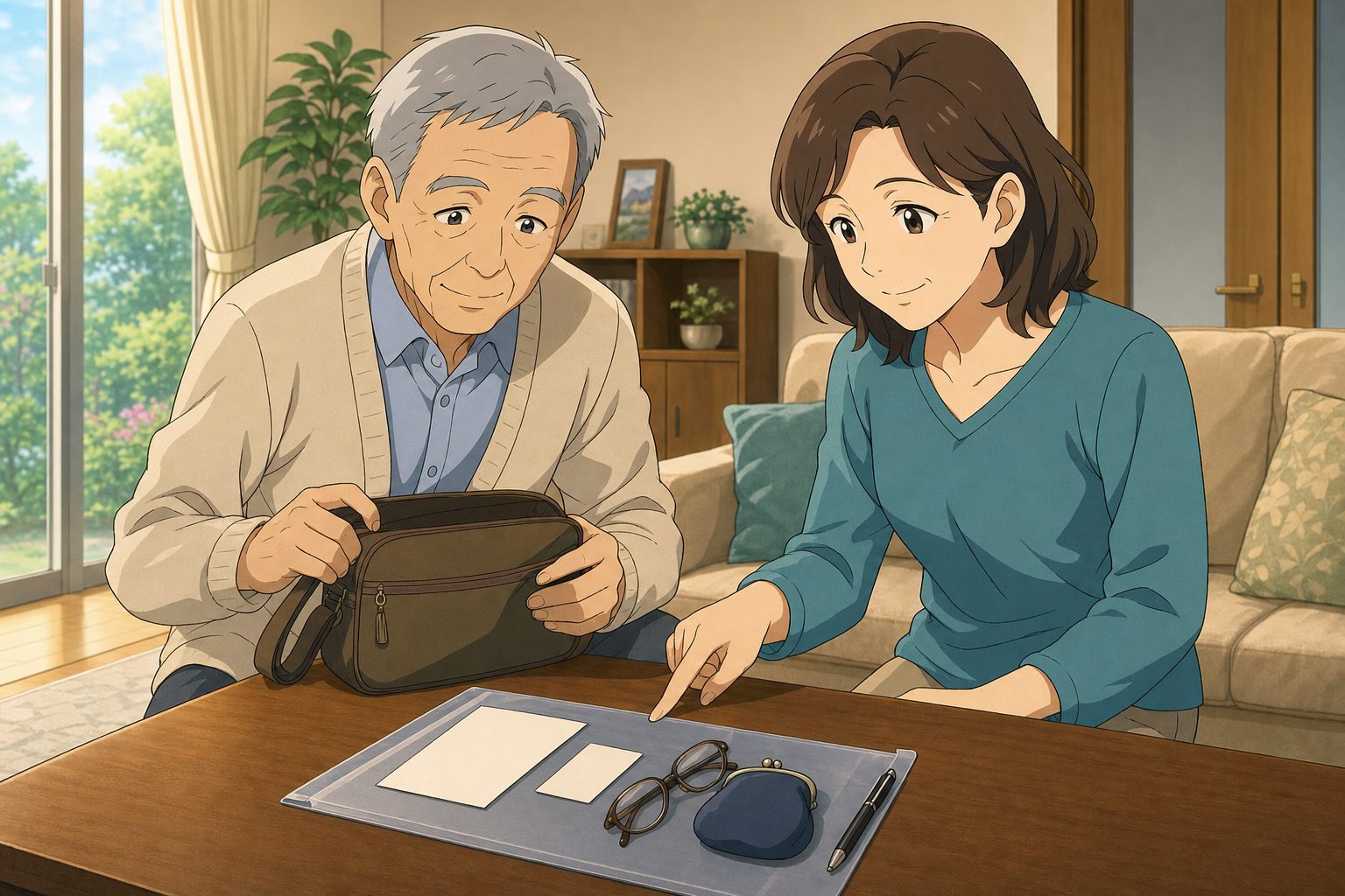 高齢者講習の持ち物を前日に親子で確認している様子のイラスト