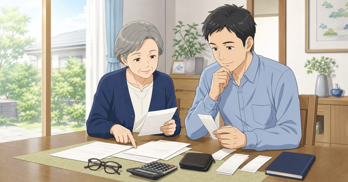 高齢者講習の料金を母と息子が書類と電卓で確認するイラスト