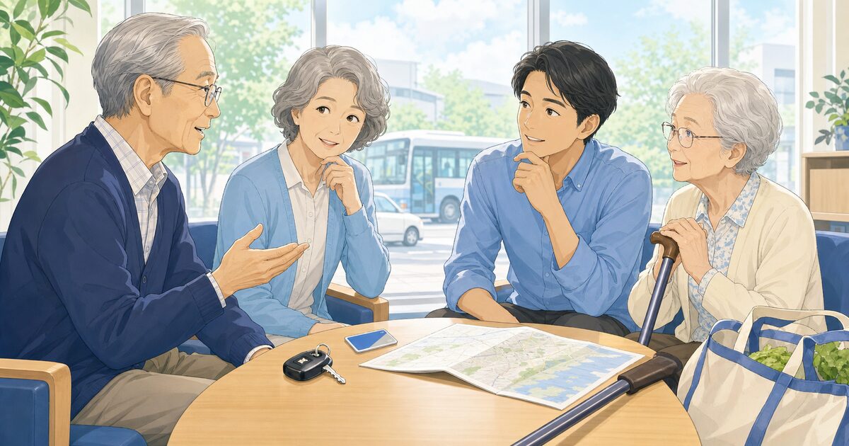 70代から80代の高齢者と家族が車以外の移動方法を話し合うイラスト