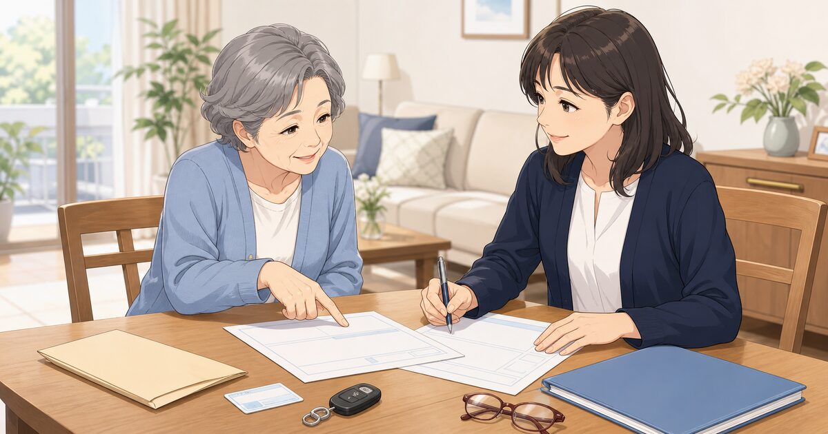 免許返納の代理手続き書類を本人の意思を確認しながら準備する母娘のイラスト