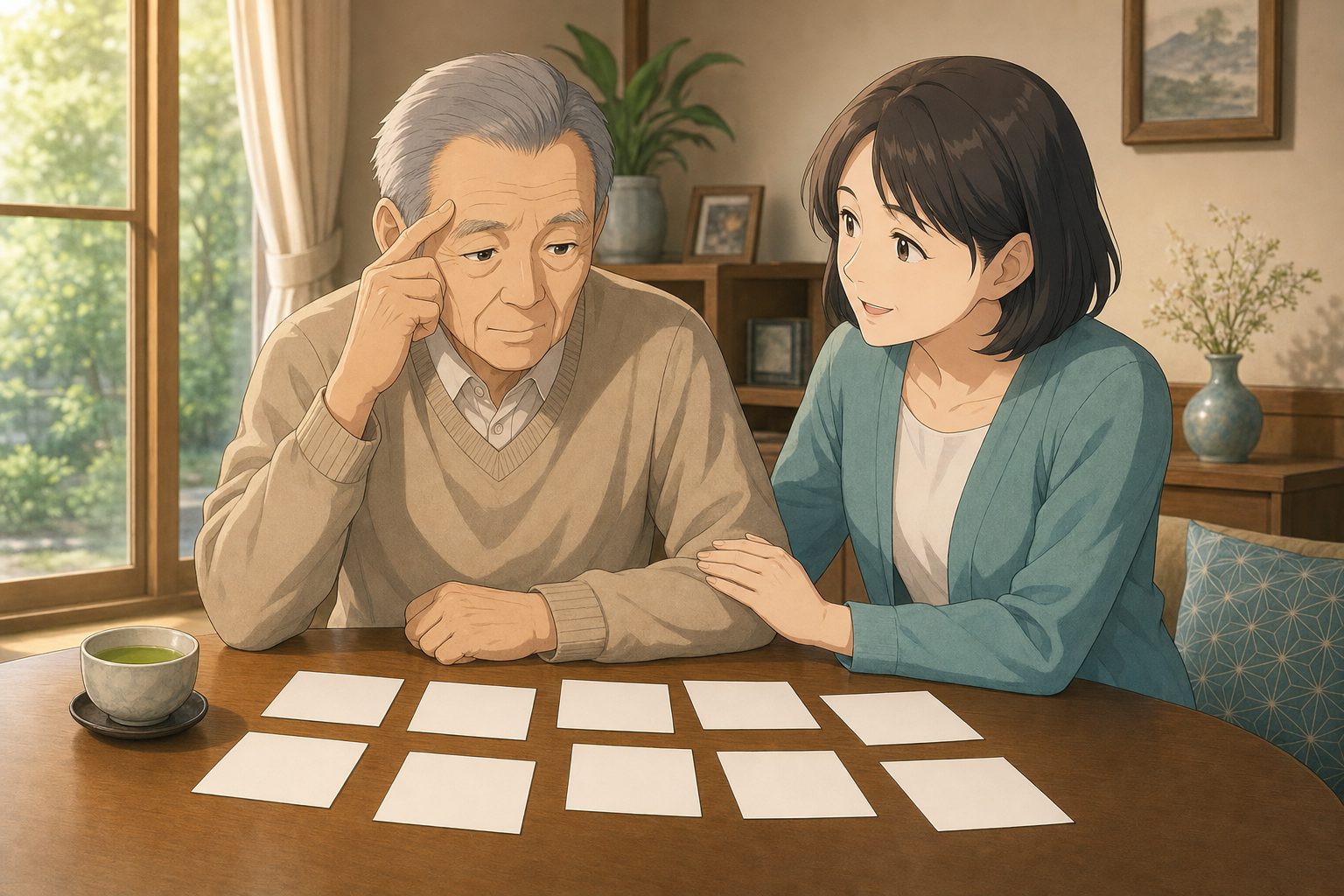 認知機能検査のイラストが覚えられず不安な父を、娘がやさしく支えている様子のイラスト