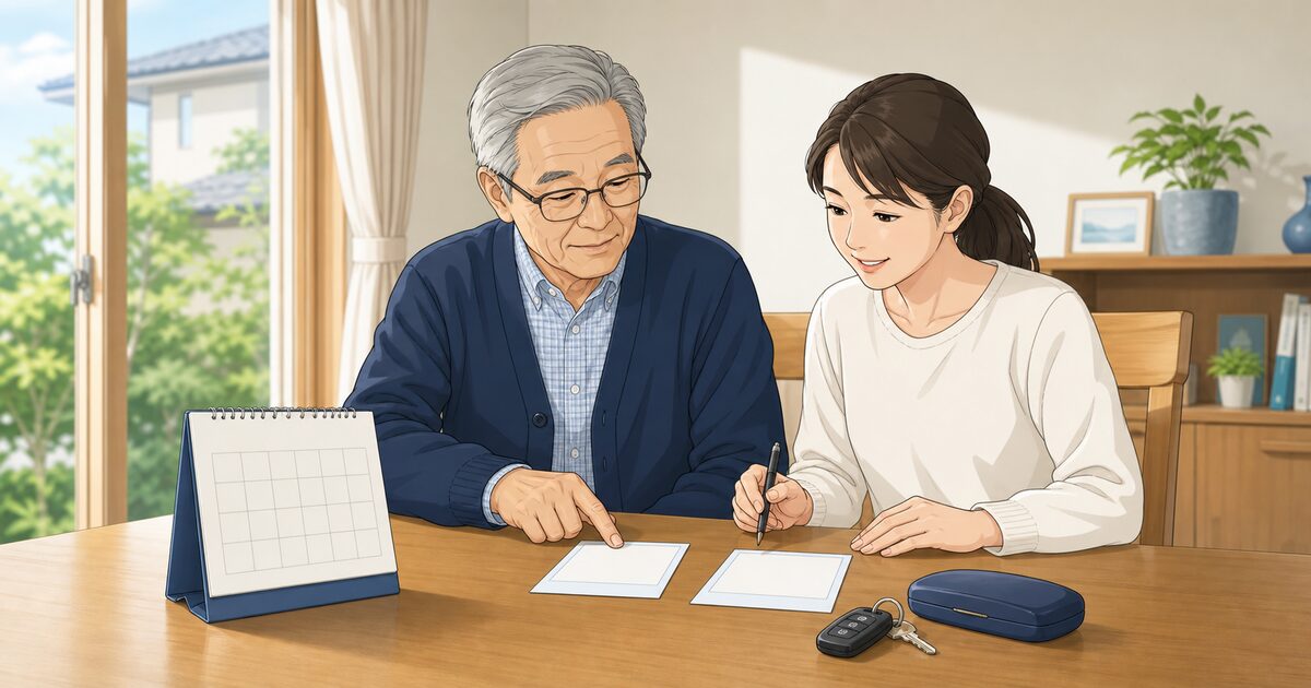認知機能検査と高齢者講習の予約日を父と娘が一緒に整理するイラスト
