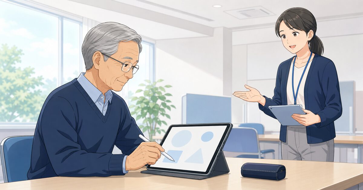 認知機能検査のタブレットをタッチペンで操作する高齢男性のイラスト