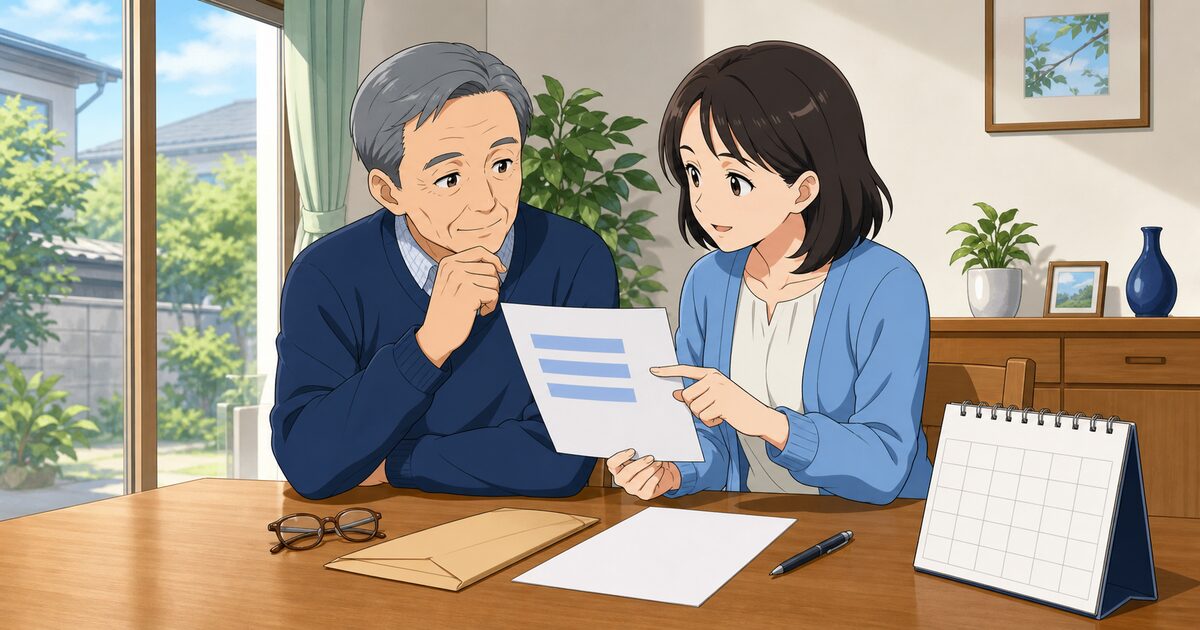 認知機能検査の結果書類と次の予定を父と娘が落ち着いて確認するイラスト