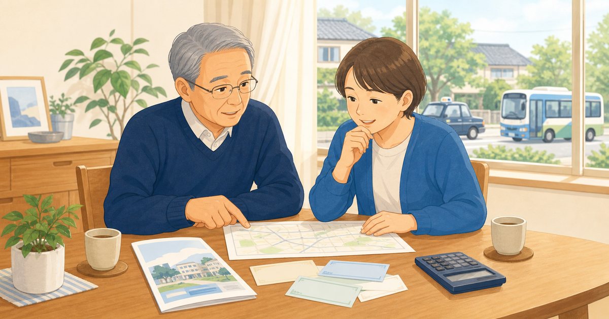 高齢の親と家族が自治体の免許返納支援を確認する様子