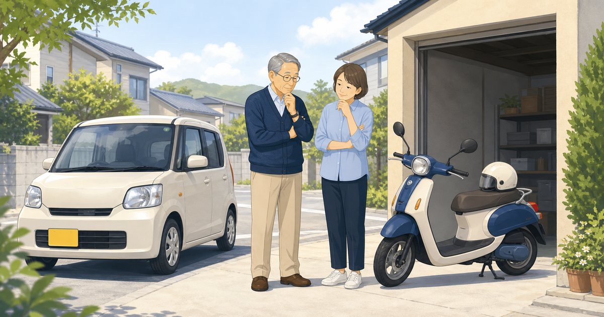 高齢の親と家族が車と原付の扱いを相談する様子