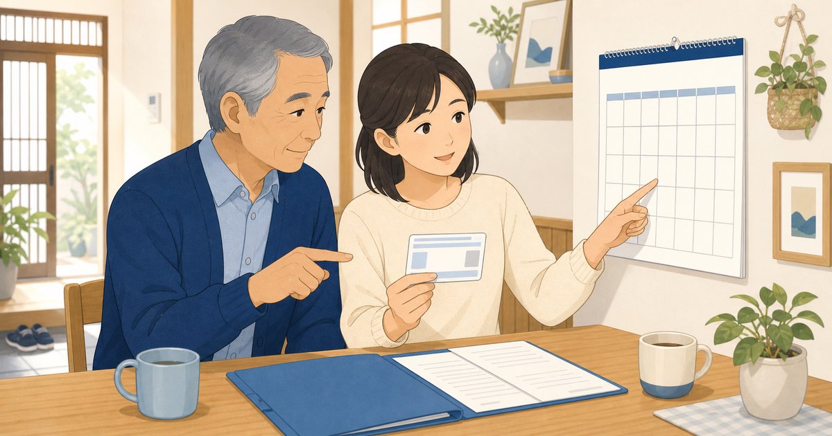 高齢の親と家族が免許の有効期限を確認する様子