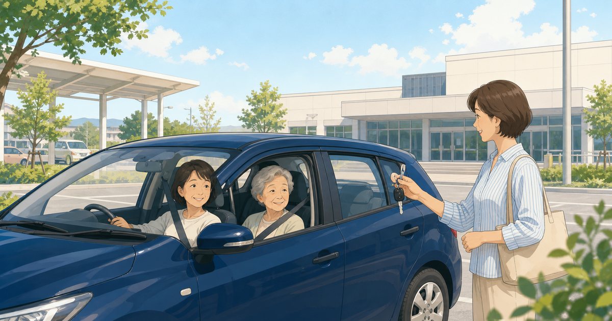 免許返納後に家族の運転する車で帰宅する高齢者