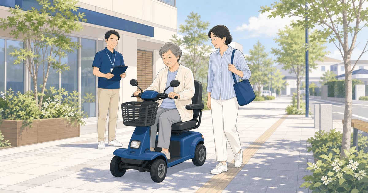 家族に見守られながらシニアカーを試す高齢者