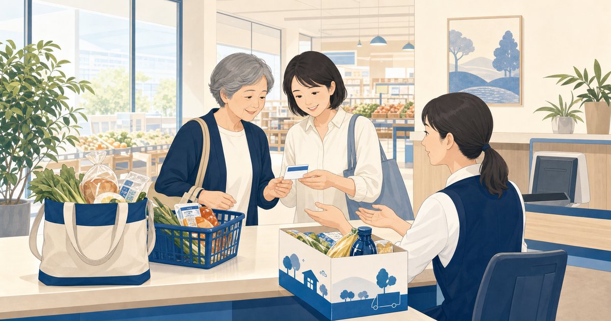 高齢の親と家族がスーパーの返納特典を確認する様子