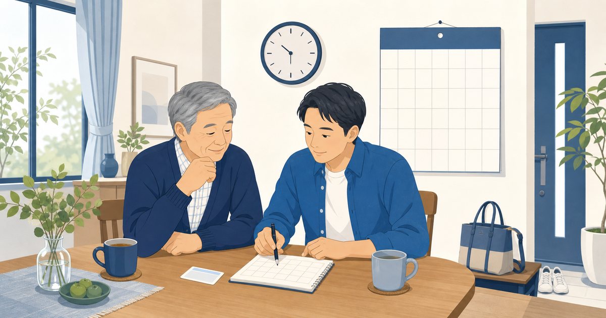 高齢の親と家族が免許返納の日程をカレンダーで確認する様子