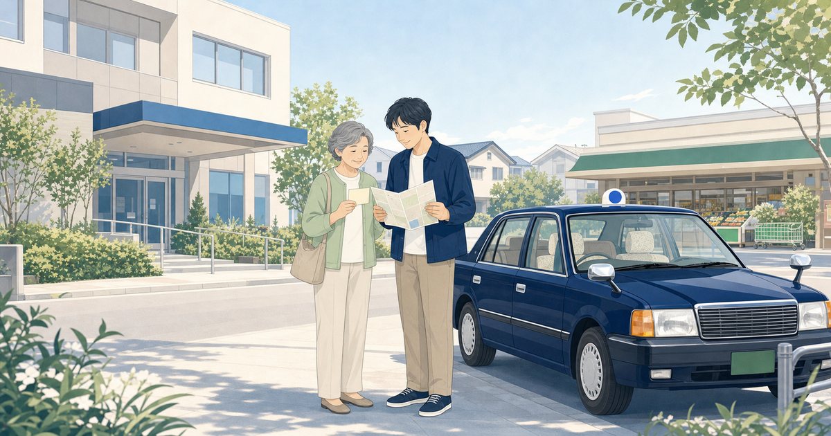 高齢の親と家族がタクシー券と行き先を確認する様子