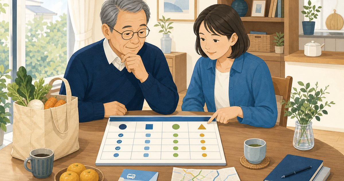免許返納後30日間の生活計画を本人と家族で見直す様子
