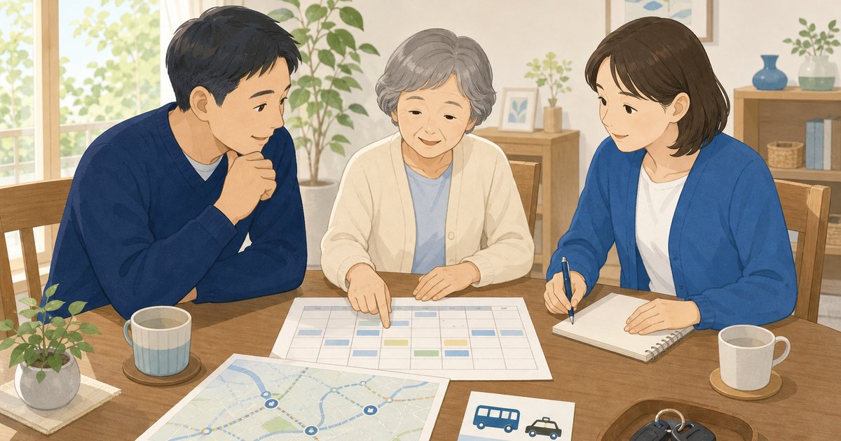 免許返納後の家族送迎と代替交通を本人と家族で相談する様子