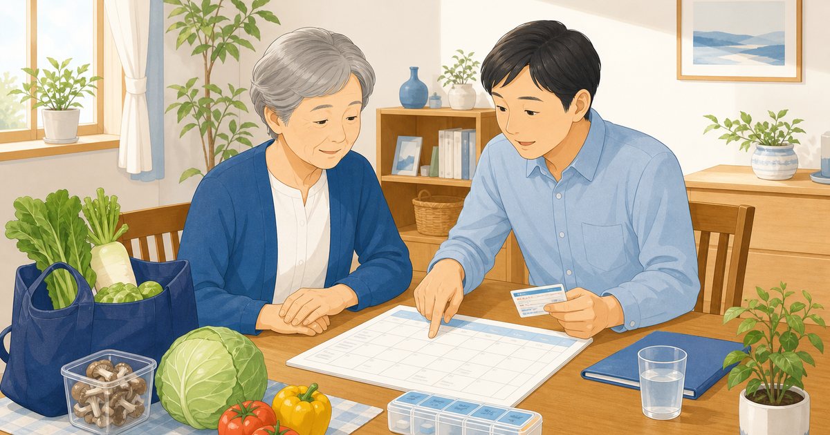 免許返納後の最初の7日について食事・薬・通院を家族で確認する様子