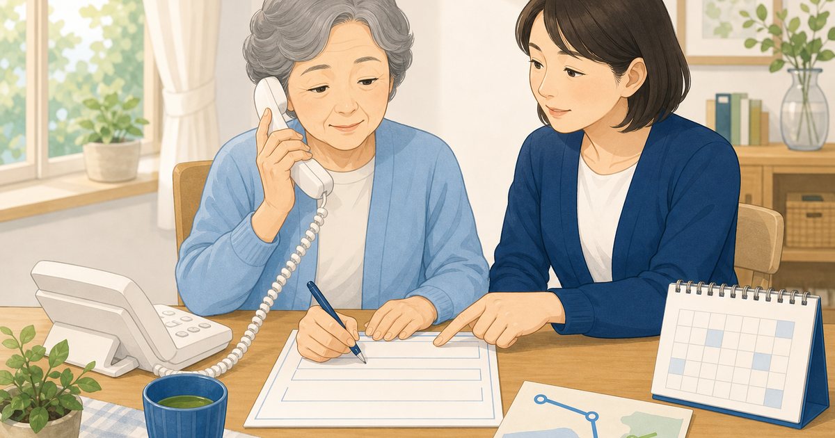 高齢の親が家族の補助を受けながら移動手段を電話予約する様子