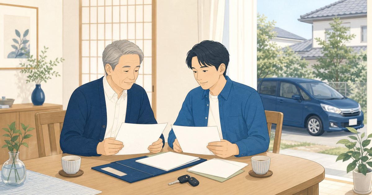 親の車を引き継ぐため家族が書類と鍵を確認する様子
