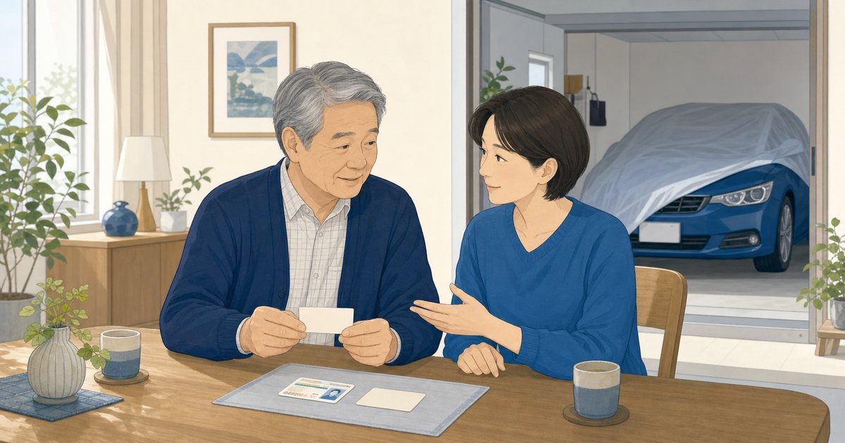 運転していない高齢の親と家族が免許返納を相談する様子
