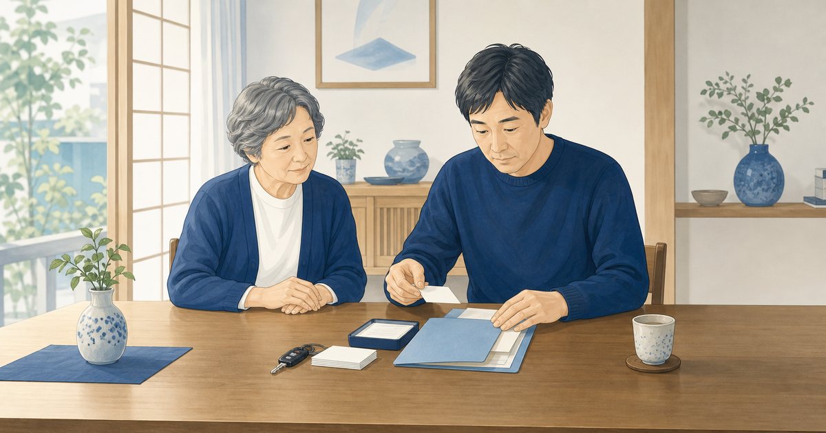 亡くなった家族の免許証と車の書類を整理する様子