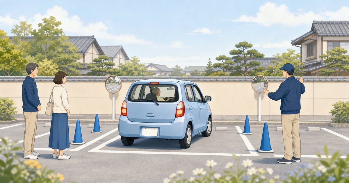 広い駐車場で高齢ドライバーが家族と車庫入れを練習する様子