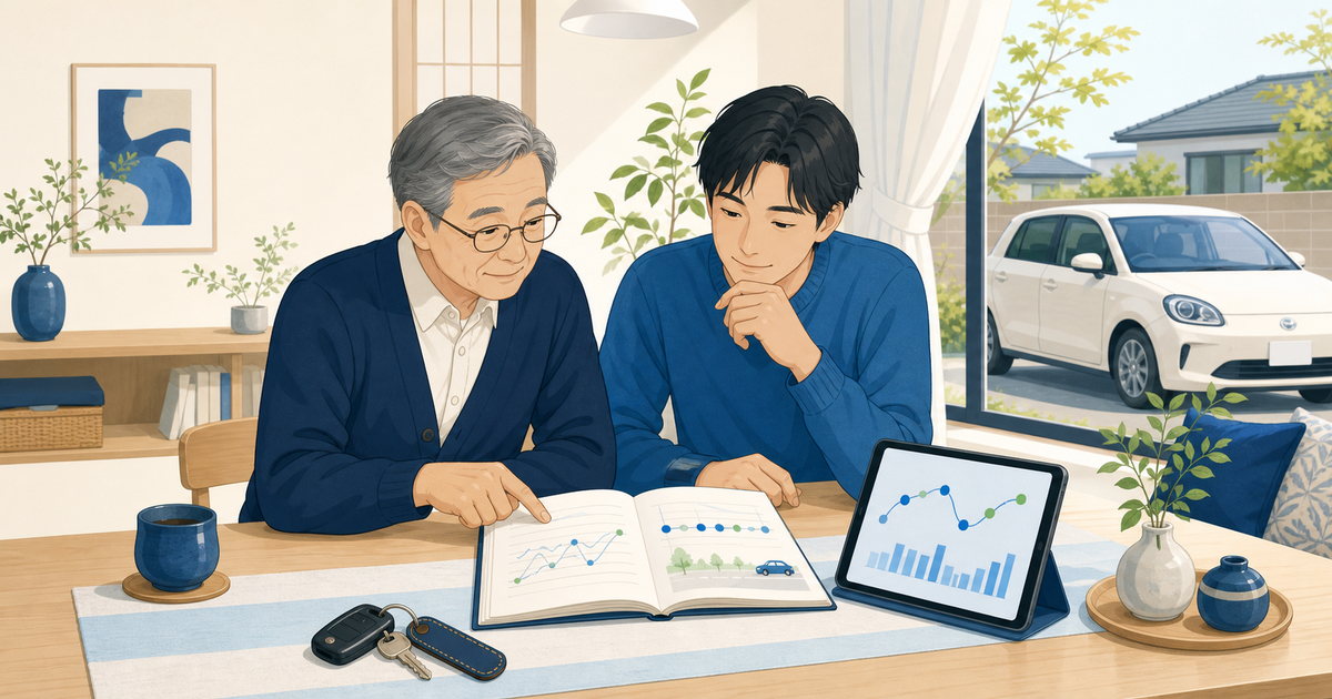 高齢の親と家族が運転記録を落ち着いて振り返る様子