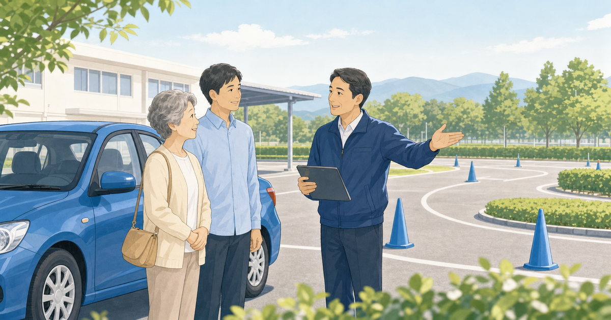 教習所の練習コースで高齢ドライバーと家族が指導員へ相談する様子