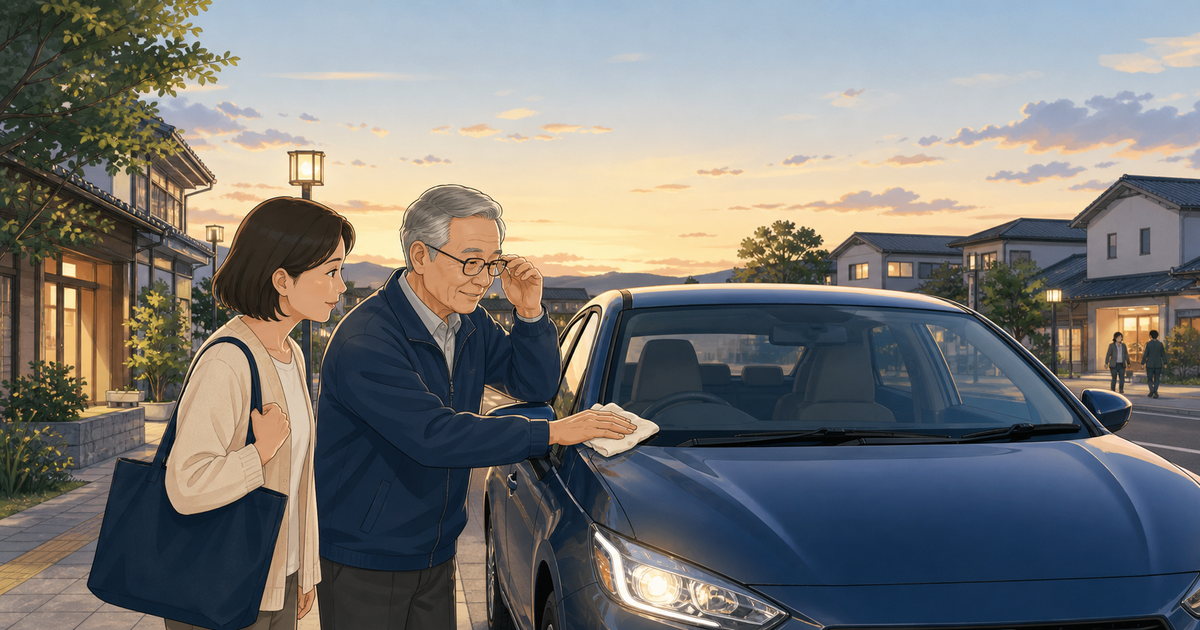 夕暮れ前に高齢ドライバーと家族が車の視界を確認する様子