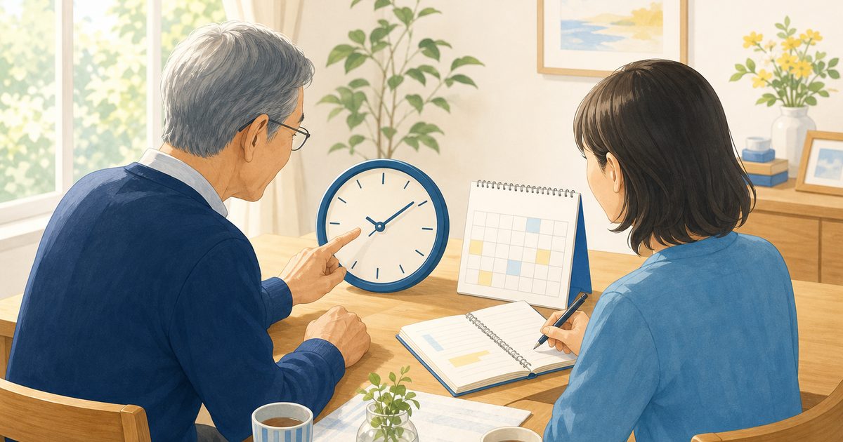 高齢の親と家族が時計とカレンダーを一緒に確認する様子