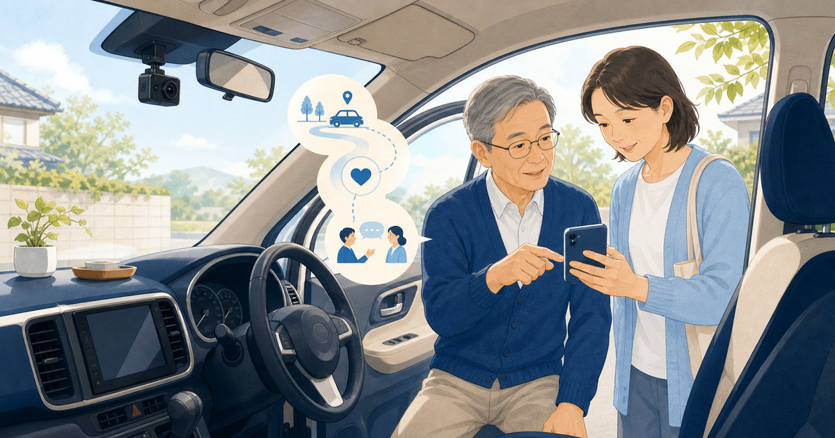 通信型ドライブレコーダーの家族通知を親子で確認する様子