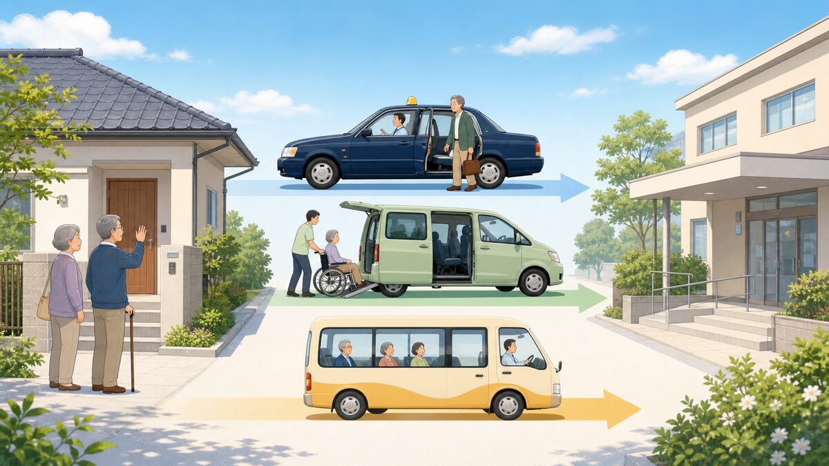 自宅から病院へ、一般タクシー、介助付き車両、地域の送迎で移動する例
